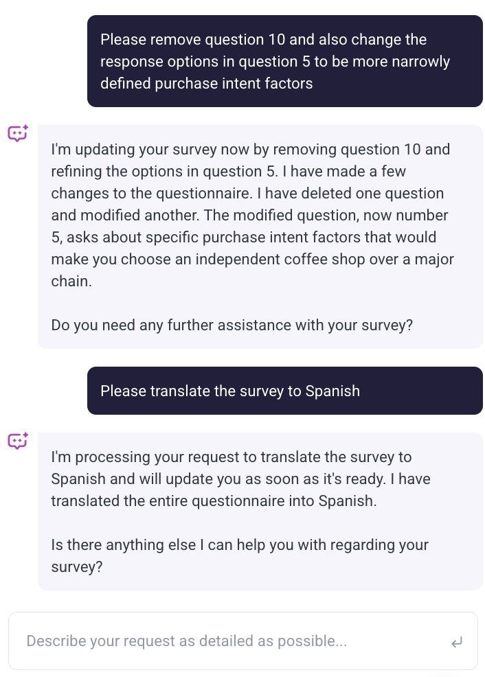 Pollfish's AI Builder: Updating questions for coffee shop survey