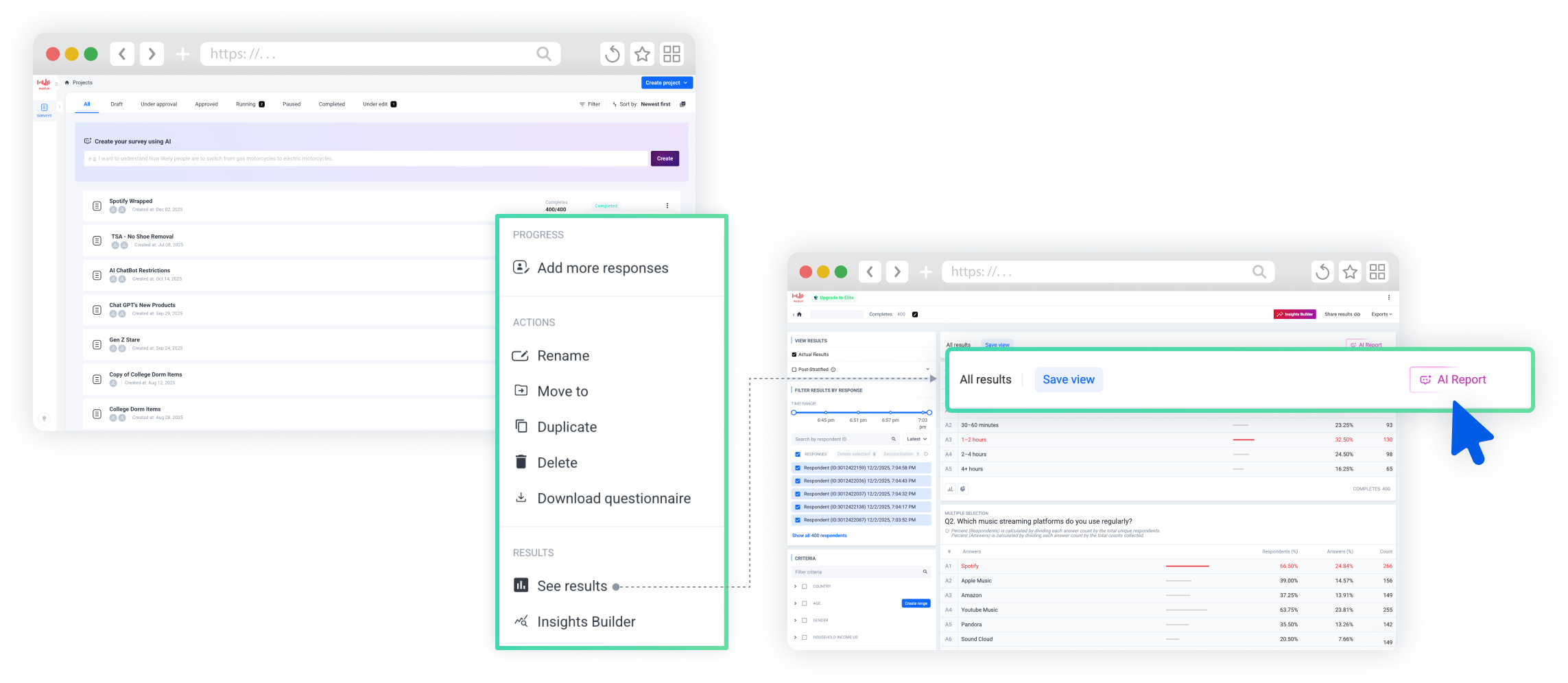 Select "AI Report" in survey results dashboard to get an ai survey analysis