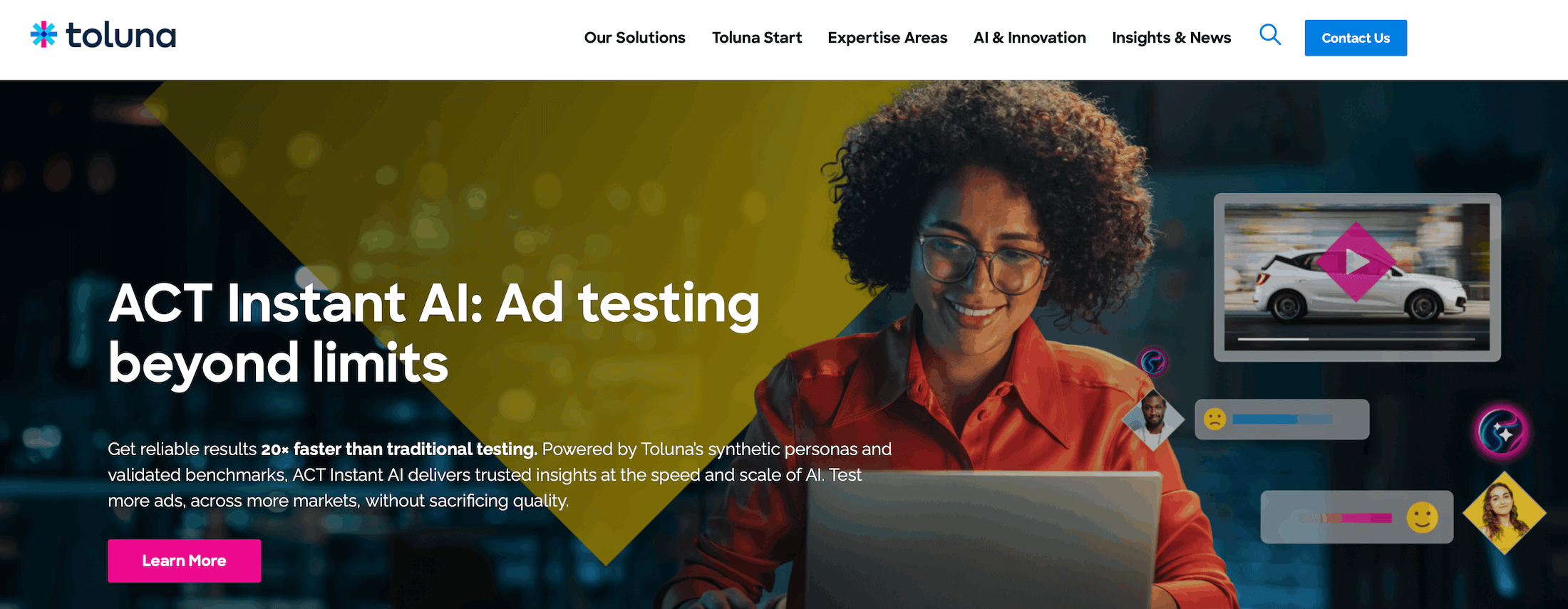Toluna homepage: ACT Instant AI: Ad testing beyond limits