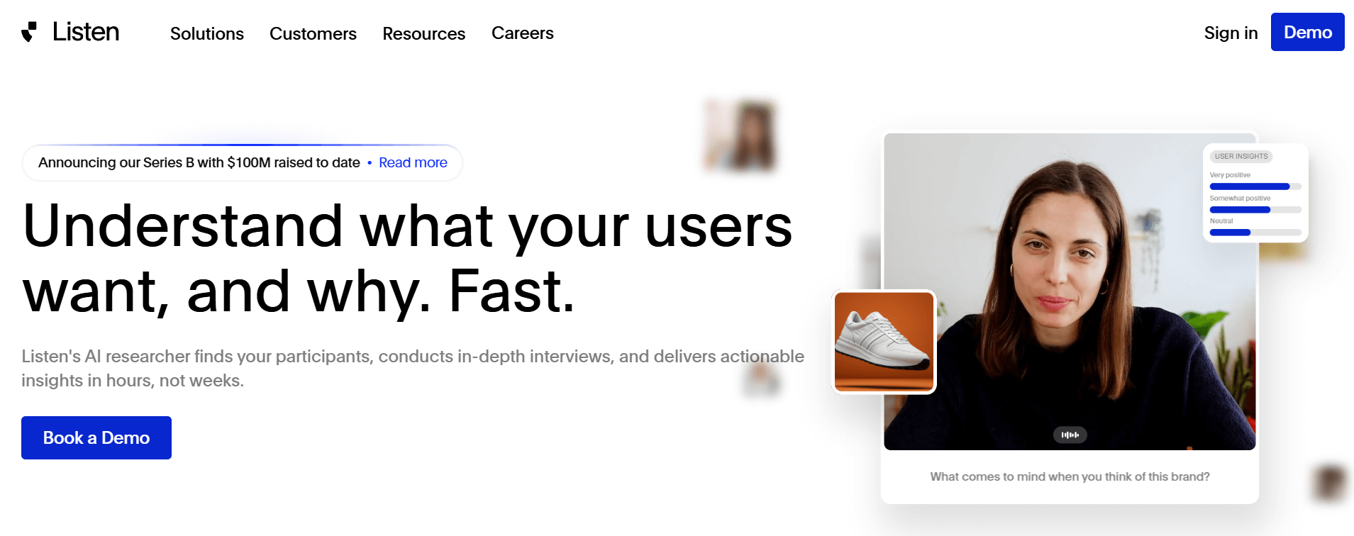Listen Labs homepage: Understand what your users want, and why. Fast.