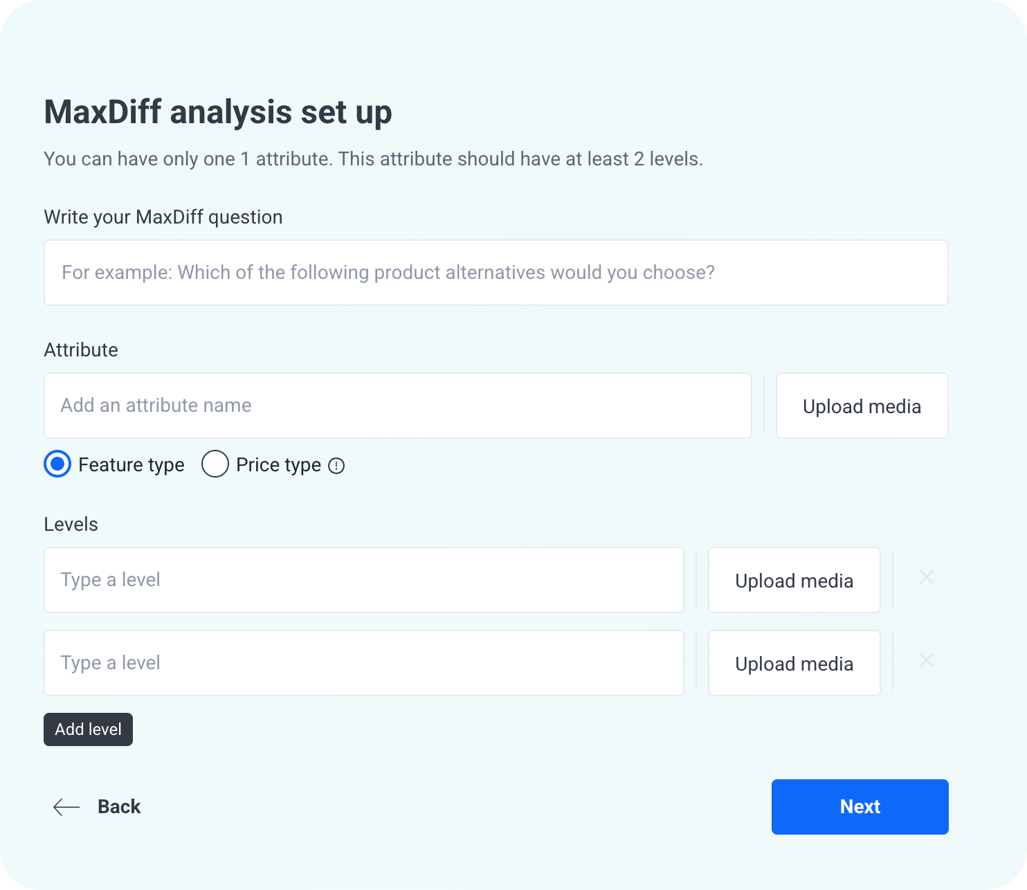 MaxDiff Analysis Setup: Question, Attribute, Levels
