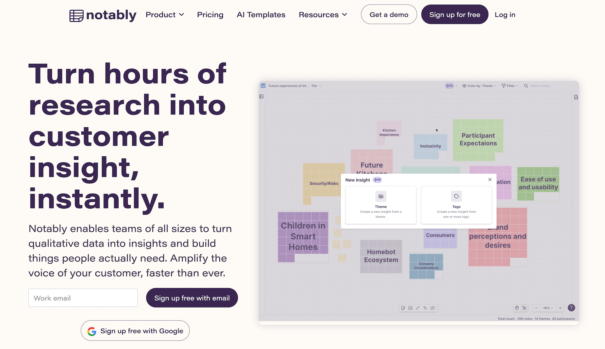Notably homepage: Turn hours of research into customer insight, instantly.