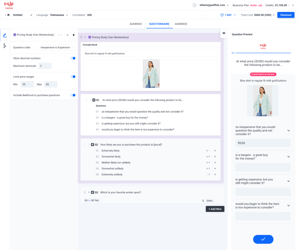 Pollfish Dashboard: Van Westendorp Pricing Study Questions
