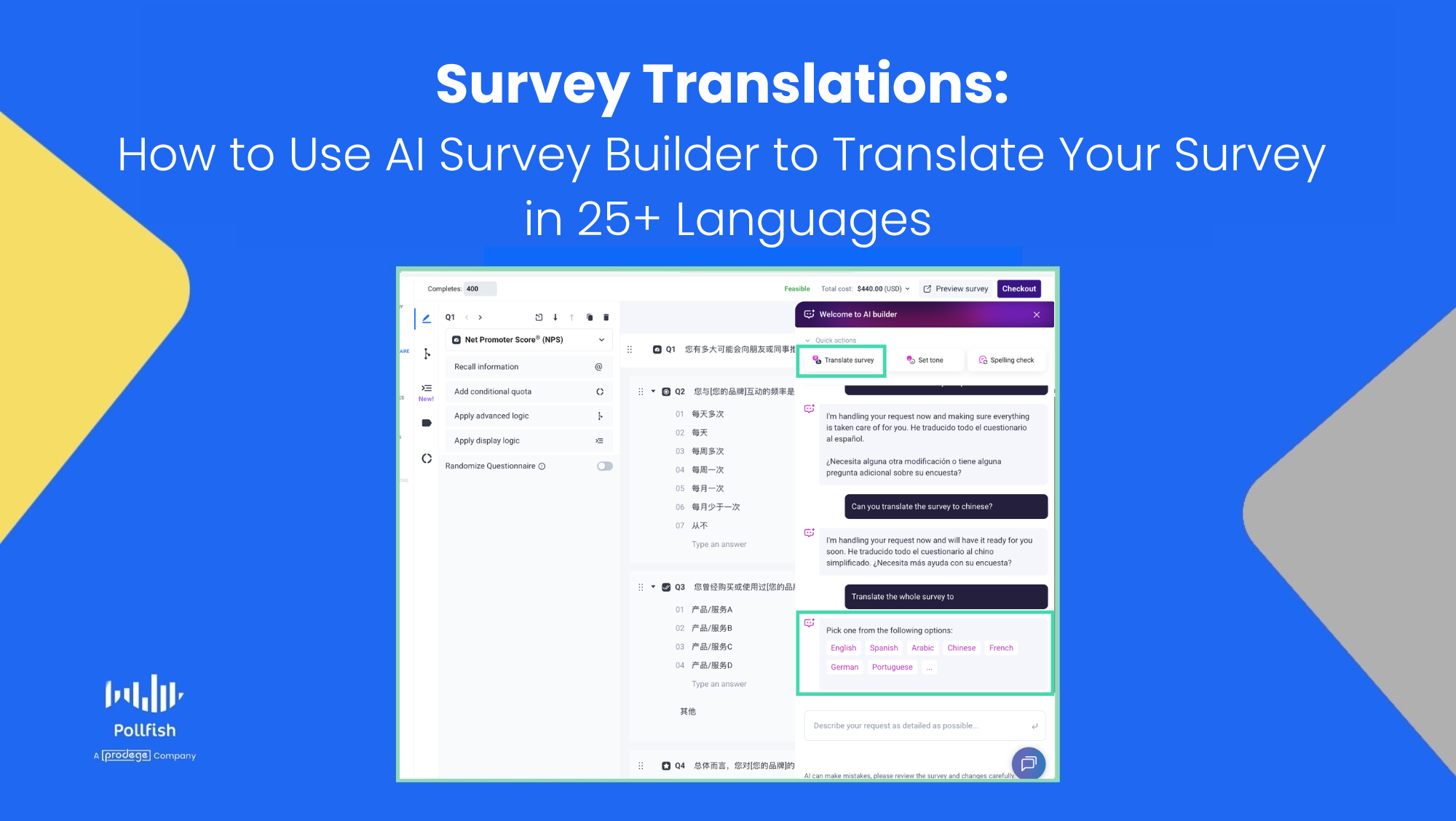 Blog Title Card with image of Pollfish UI and text: Survey Translations How to Use AI Survey Builder to Translate Your Survey in 25+ Languages