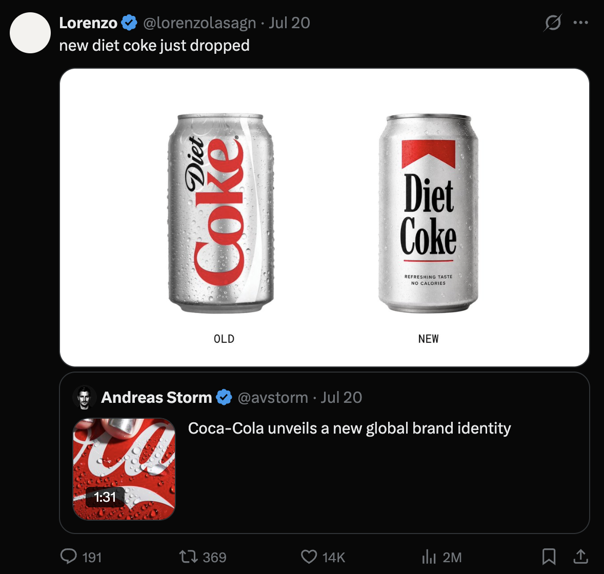 Screenshot of x post from @lorenzolasagn with a traditional diet coke can and a diet coke can with Explicit Marlboro branding